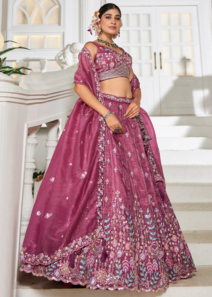 Jam Purple Tissue Lehenga Choli with Elegant Floral Embroidery - House of Sarvati LLC