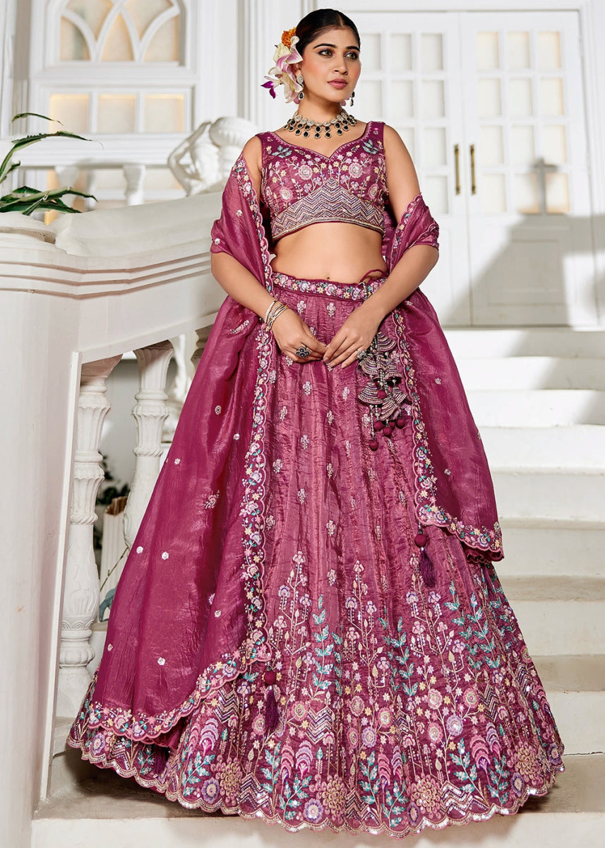 Jam Purple Tissue Lehenga Choli with Elegant Floral Embroidery - House of Sarvati LLC