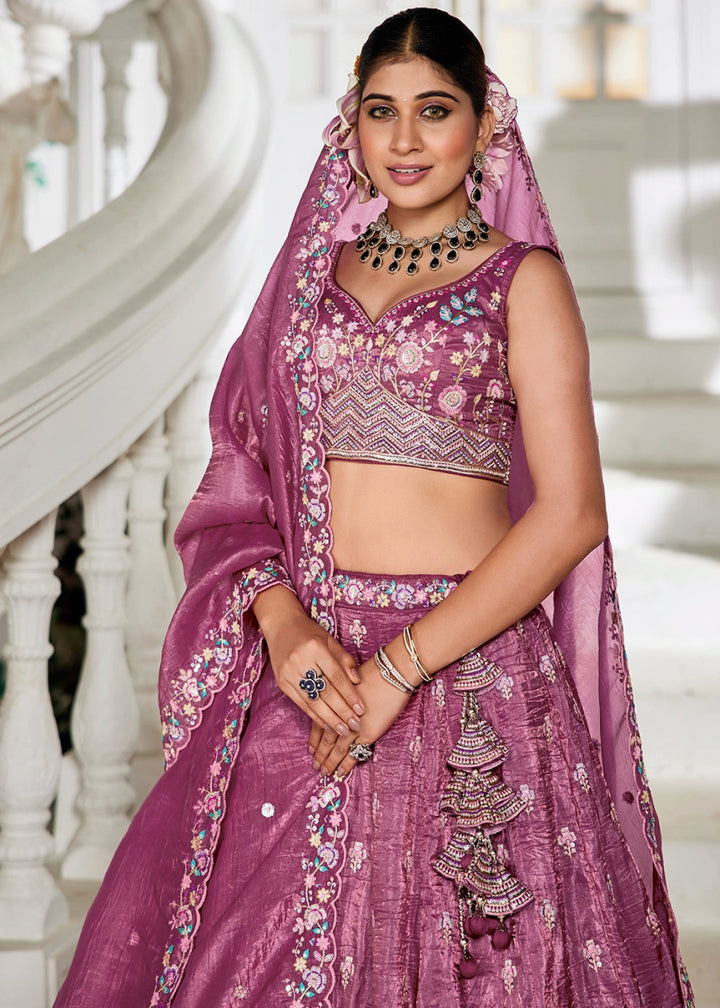 Jam Purple Tissue Lehenga Choli with Elegant Floral Embroidery - House of Sarvati LLC