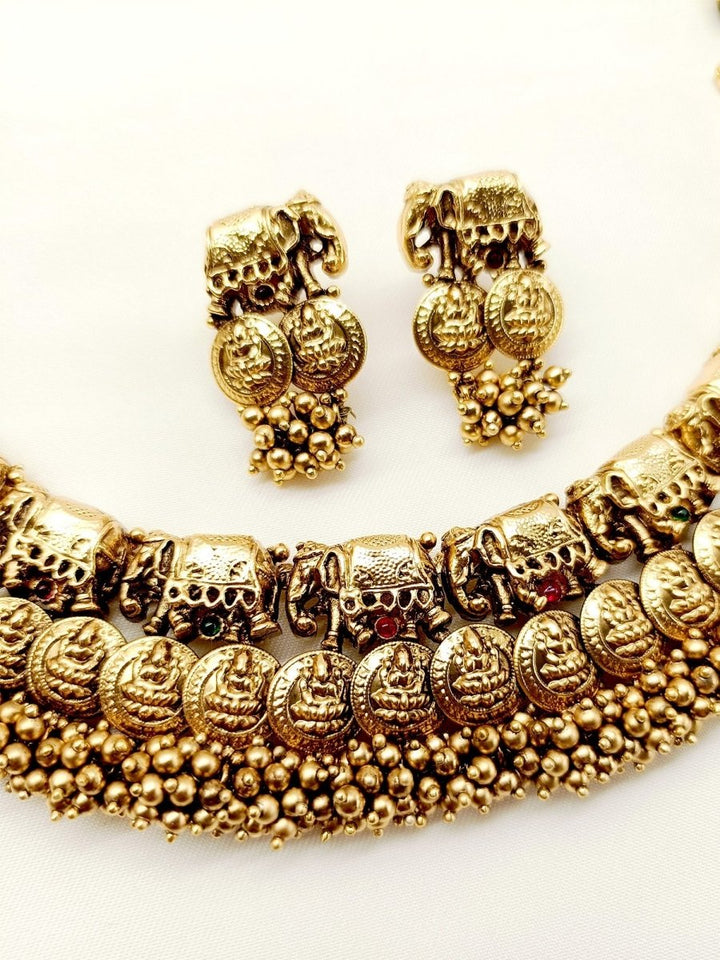 Janvi Plain Elephant Antique Temple Necklace Set - House of Sarvati LLC
