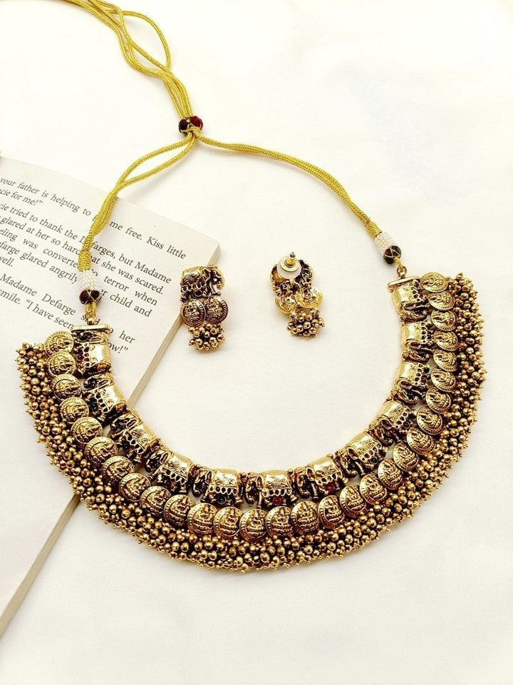 Janvi Plain Elephant Antique Temple Necklace Set - House of Sarvati LLC