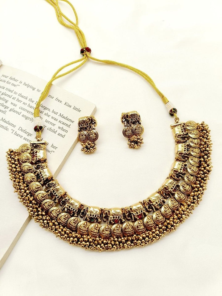 Janvi Plain Elephant Antique Temple Necklace Set - House of Sarvati LLC