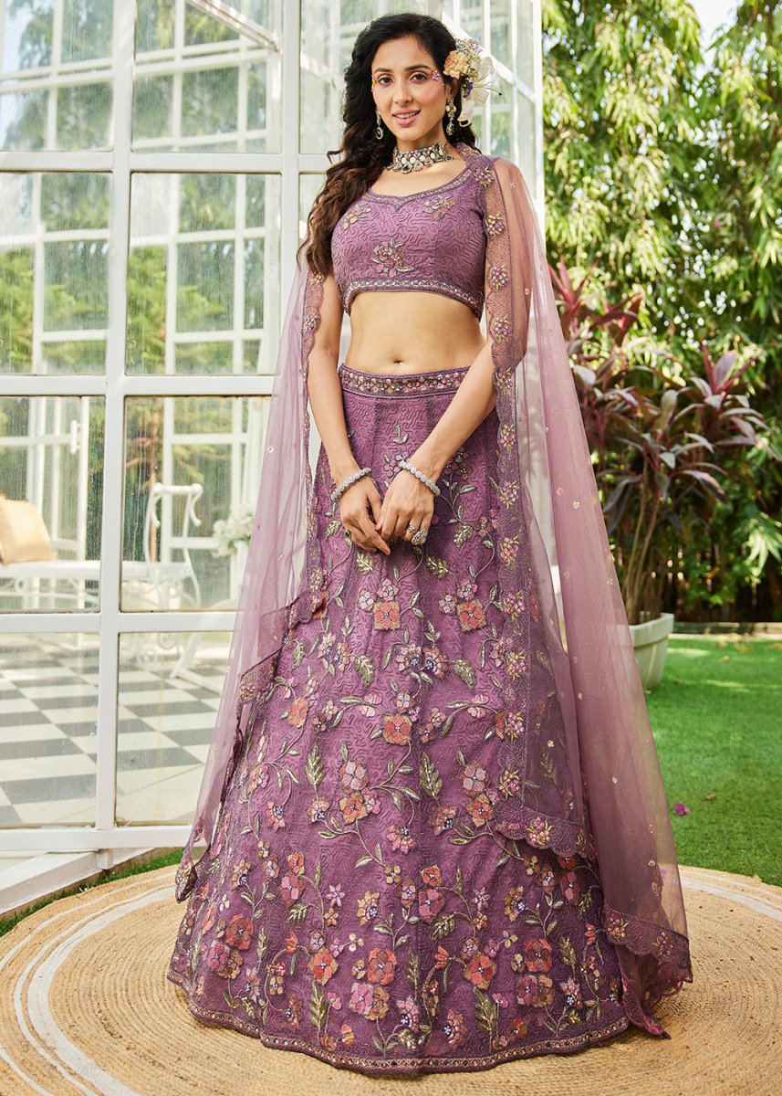 Jasmine Purple Net Lehenga Choli with Coding & Zarkan Work - House of Sarvati LLC