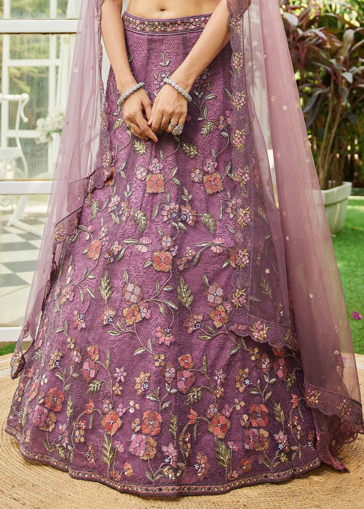 Jasmine Purple Net Lehenga Choli with Coding & Zarkan Work - House of Sarvati LLC