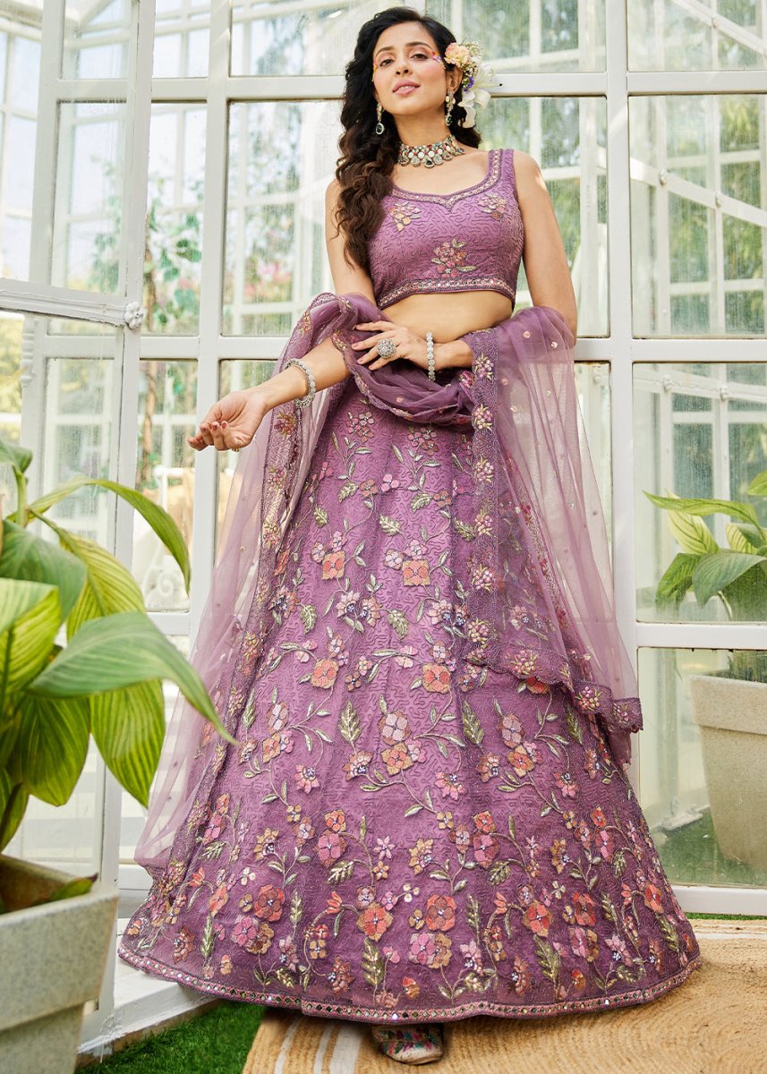 Jasmine Purple Net Lehenga Choli with Coding & Zarkan Work - House of Sarvati LLC