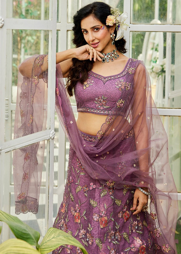 Jasmine Purple Net Lehenga Choli with Coding & Zarkan Work - House of Sarvati LLC