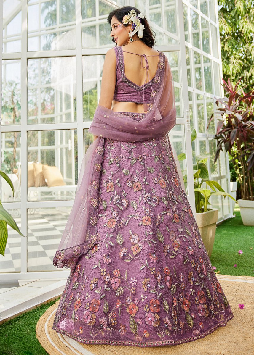 Jasmine Purple Net Lehenga Choli with Coding & Zarkan Work - House of Sarvati LLC
