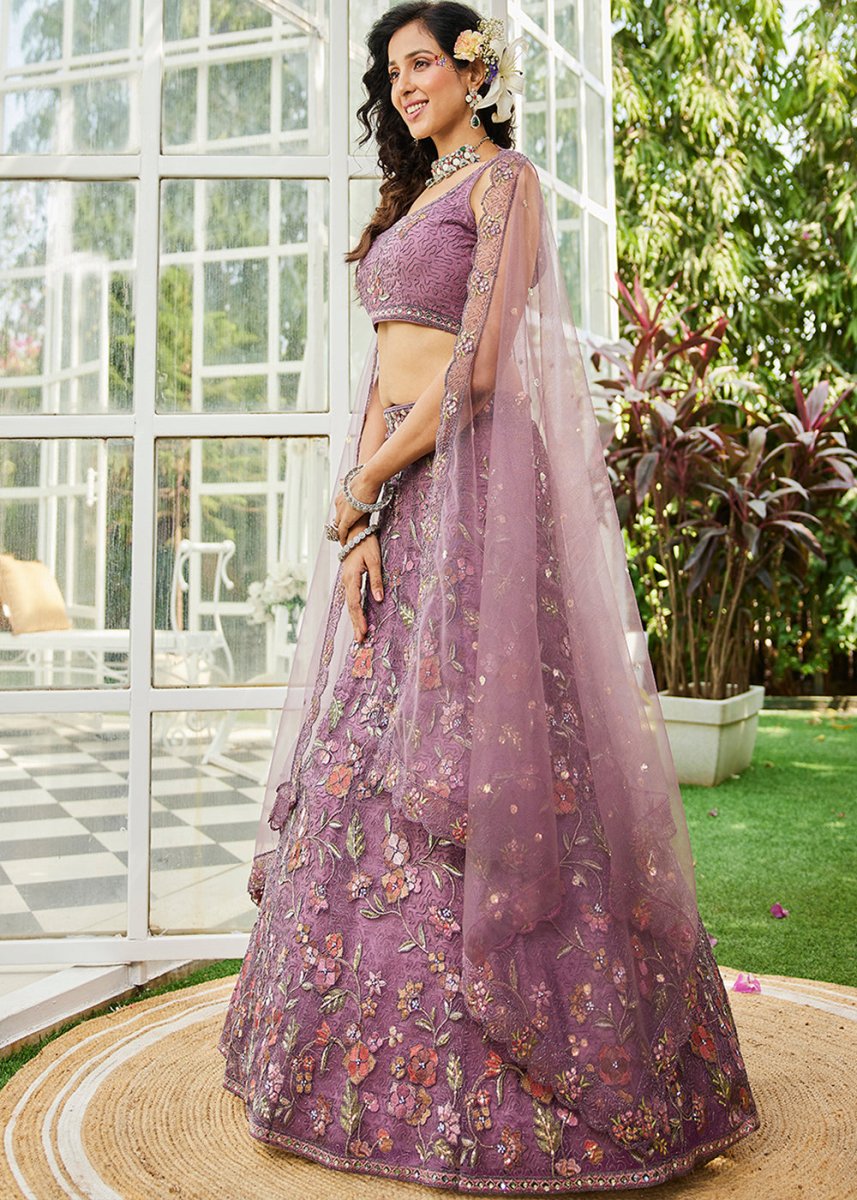 Jasmine Purple Net Lehenga Choli with Coding & Zarkan Work - House of Sarvati LLC
