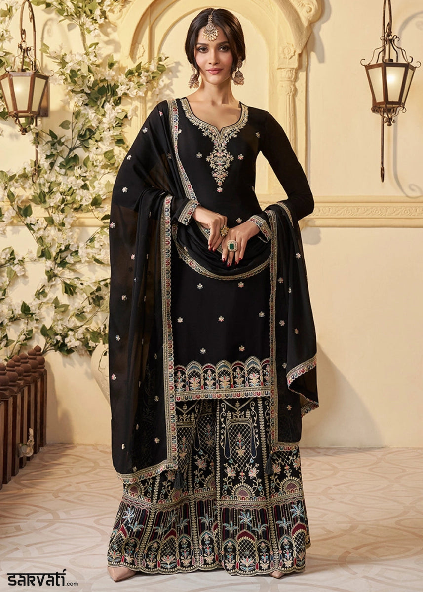 Jet Black Chinon Silk Sharara Suit with Intricate Multi Thread & Sequin Embroidery - House of Sarvati LLC