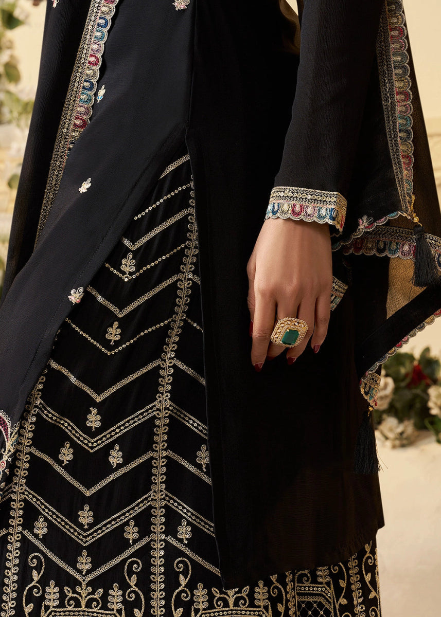 Jet Black Chinon Silk Sharara Suit with Intricate Multi Thread & Sequin Embroidery - House of Sarvati LLC