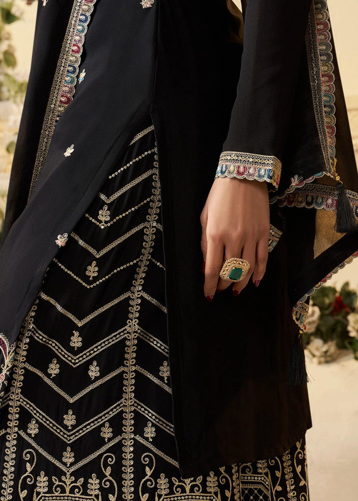 Jet Black Chinon Silk Sharara Suit with Intricate Multi Thread & Sequin Embroidery - House of Sarvati LLC