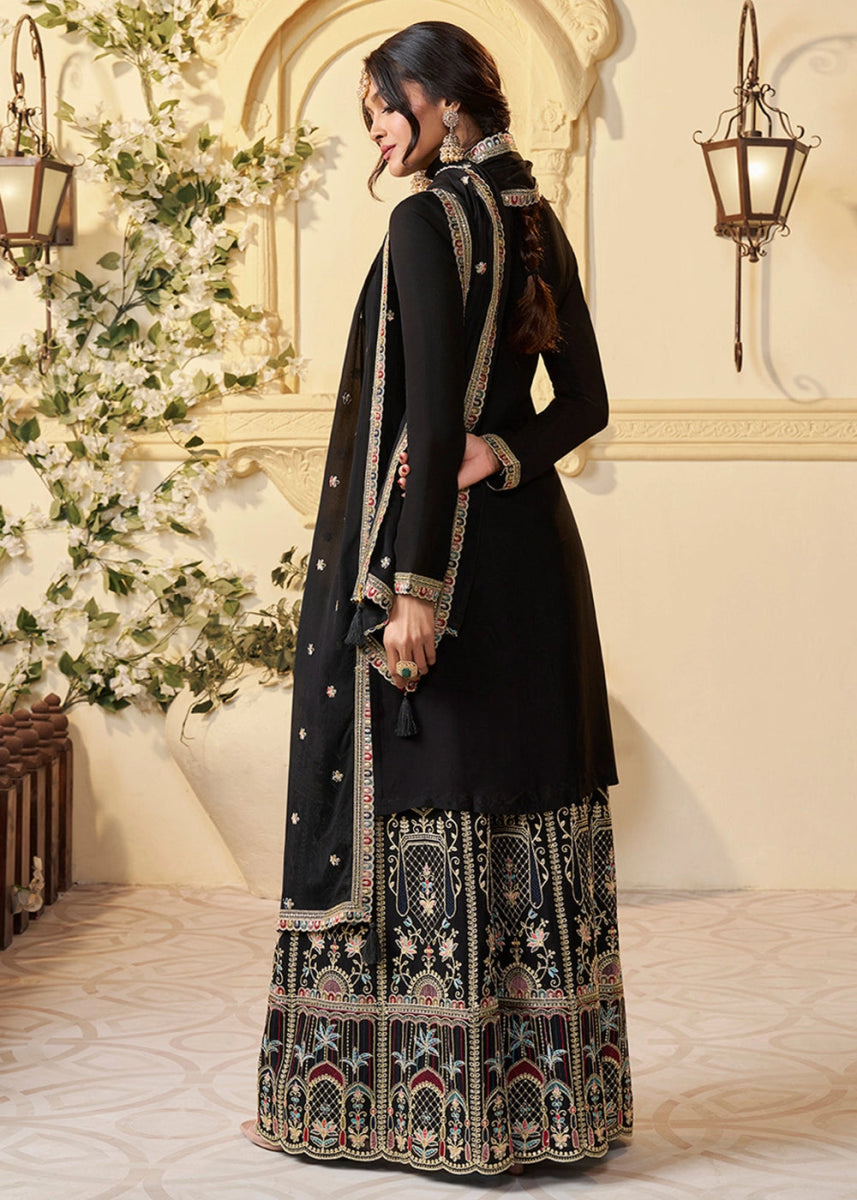 Jet Black Chinon Silk Sharara Suit with Intricate Multi Thread & Sequin Embroidery - House of Sarvati LLC