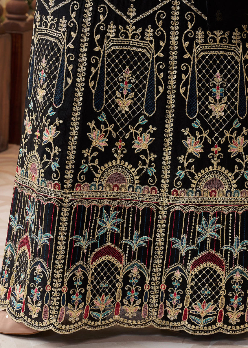 Jet Black Chinon Silk Sharara Suit with Intricate Multi Thread & Sequin Embroidery - House of Sarvati LLC