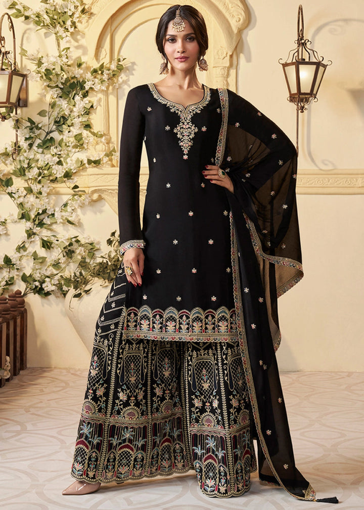 Jet Black Chinon Silk Sharara Suit with Intricate Multi Thread & Sequin Embroidery - House of Sarvati LLC