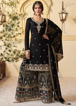 Jet Black Chinon Silk Sharara Suit with Intricate Multi Thread & Sequin Embroidery - House of Sarvati LLC