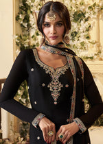 Jet Black Chinon Silk Sharara Suit with Intricate Multi Thread & Sequin Embroidery - House of Sarvati LLC