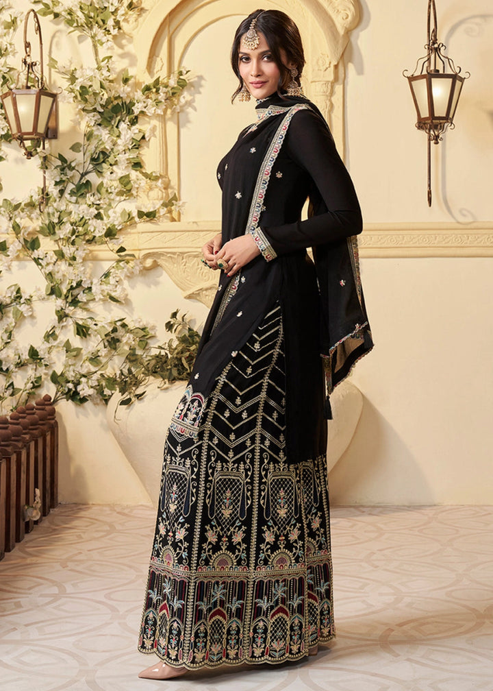 Jet Black Chinon Silk Sharara Suit with Intricate Multi Thread & Sequin Embroidery - House of Sarvati LLC