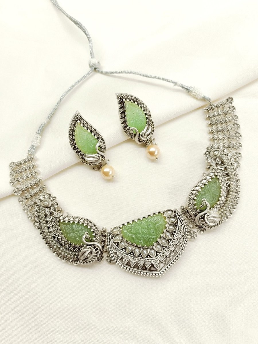 Jhansi Mint Green Peacock Oxidized Set - House of Sarvati LLC