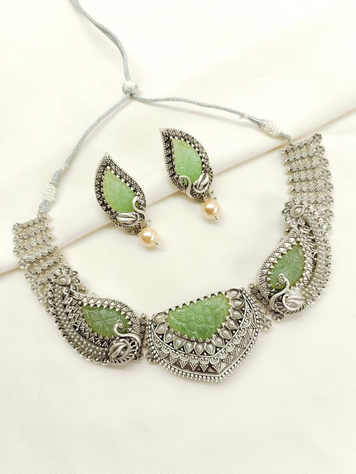 Jhansi Mint Green Peacock Oxidized Set - House of Sarvati LLC