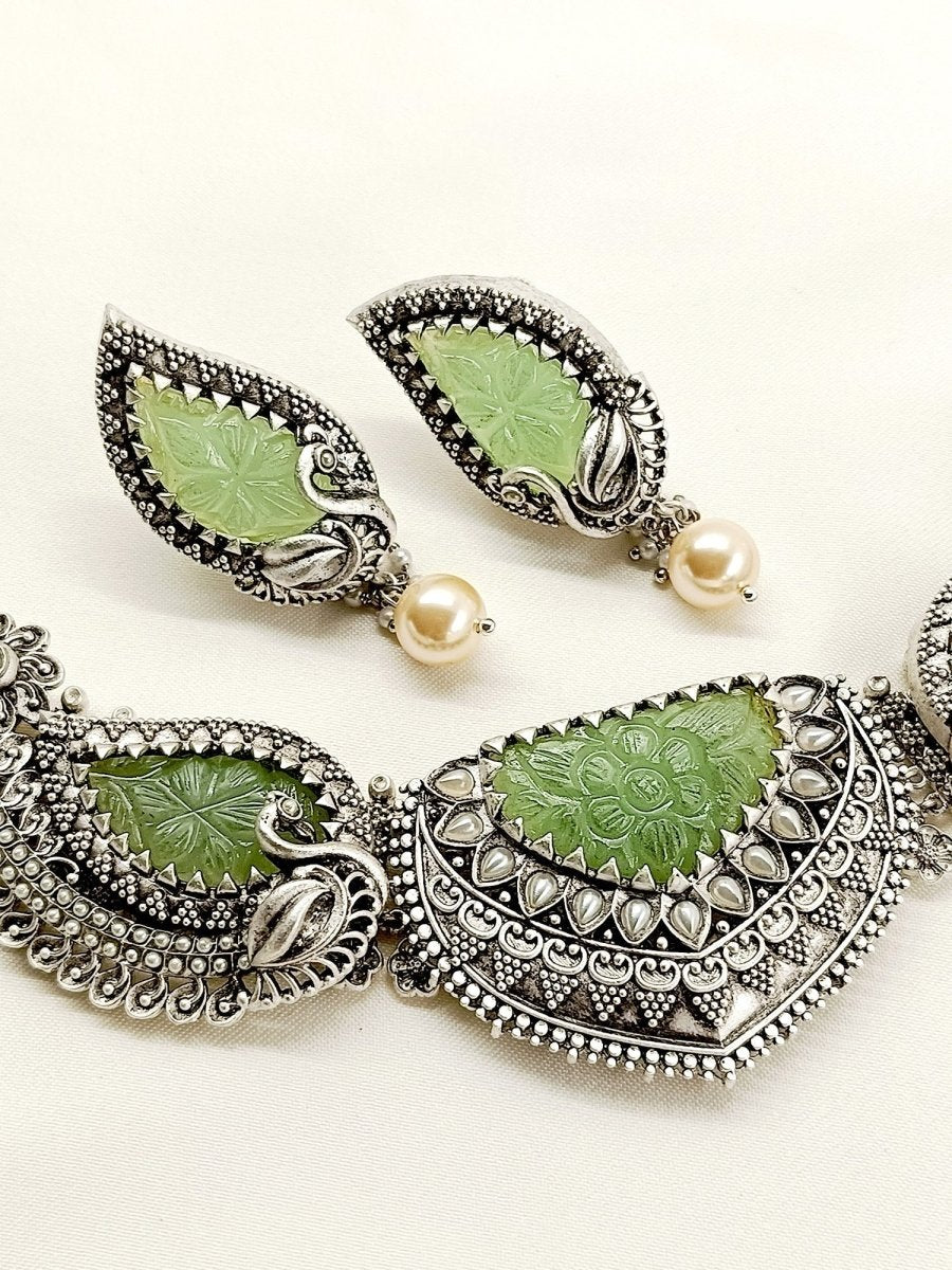 Jhansi Mint Green Peacock Oxidized Set - House of Sarvati LLC