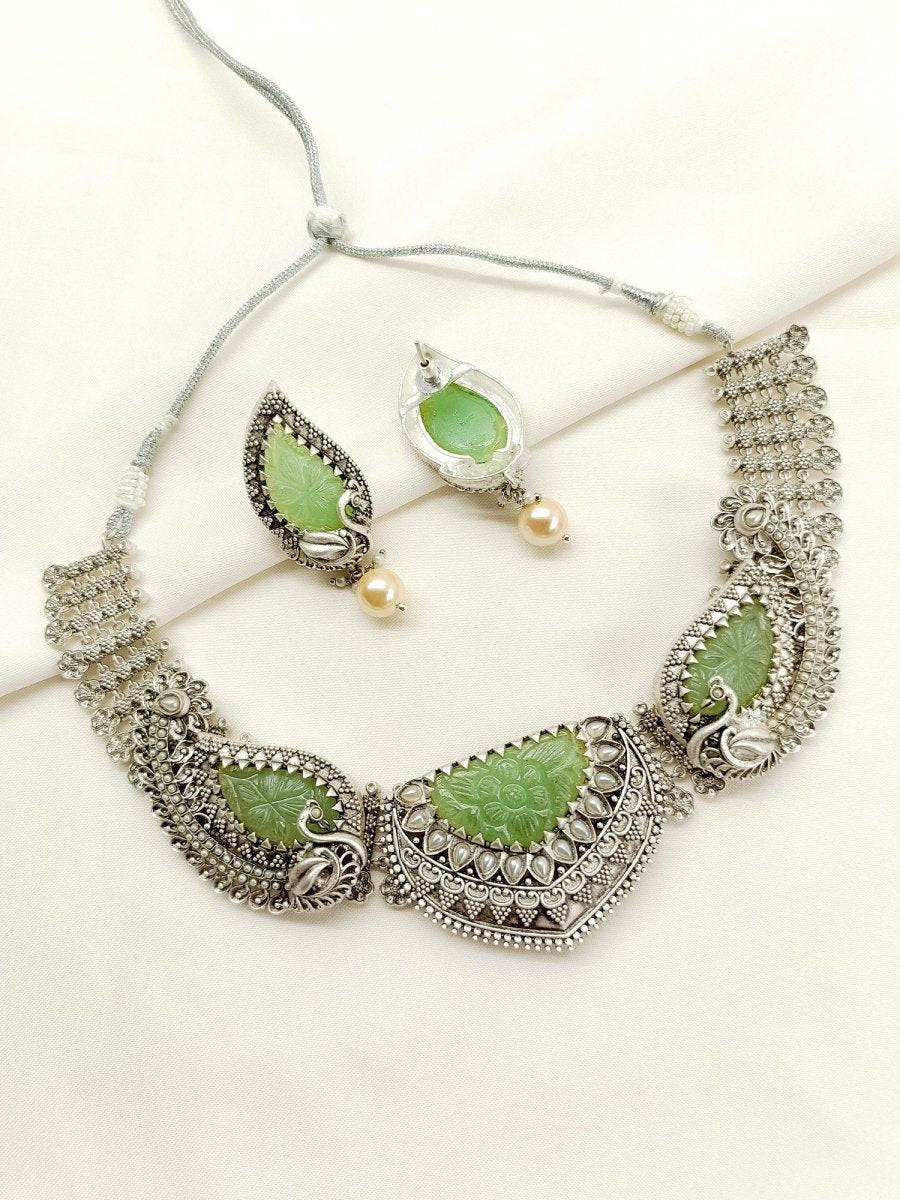Jhansi Mint Green Peacock Oxidized Set - House of Sarvati LLC