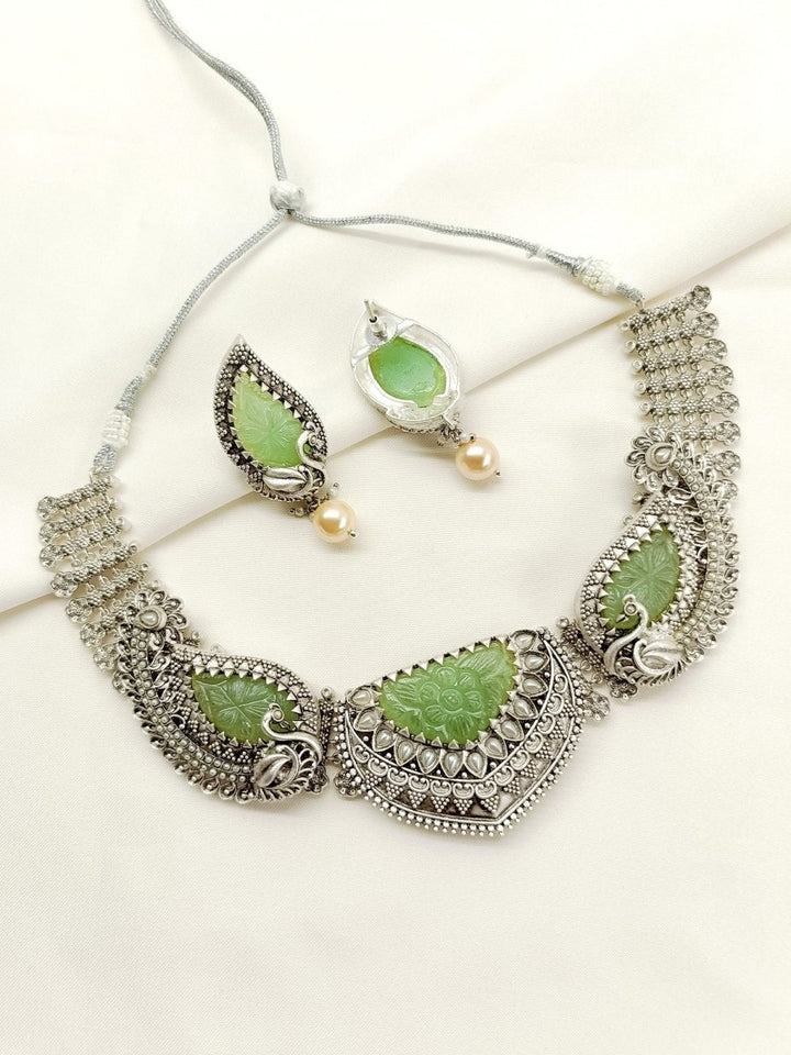 Jhansi Mint Green Peacock Oxidized Set - House of Sarvati LLC
