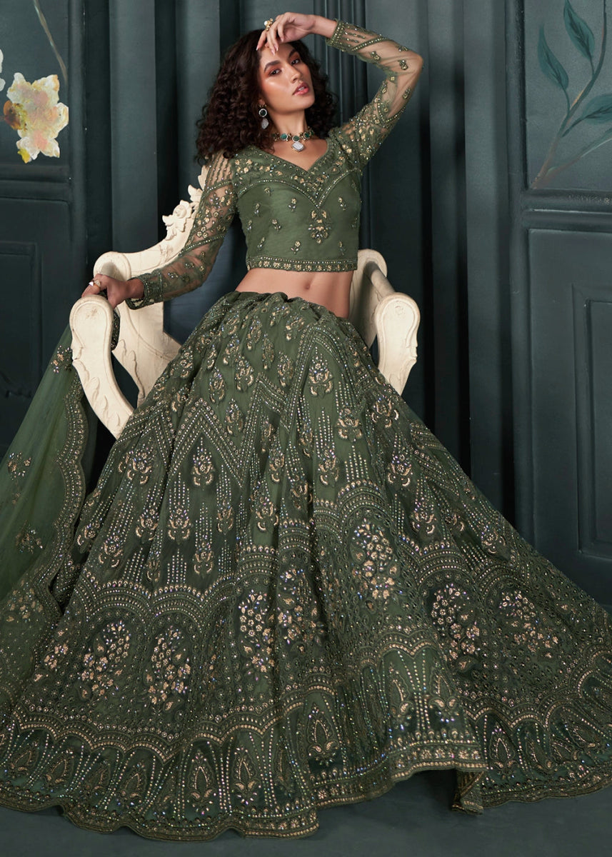 Juniper Green Lehenga Choli in Net with Detailed Thread and Stone Embroidery - House of Sarvati LLC