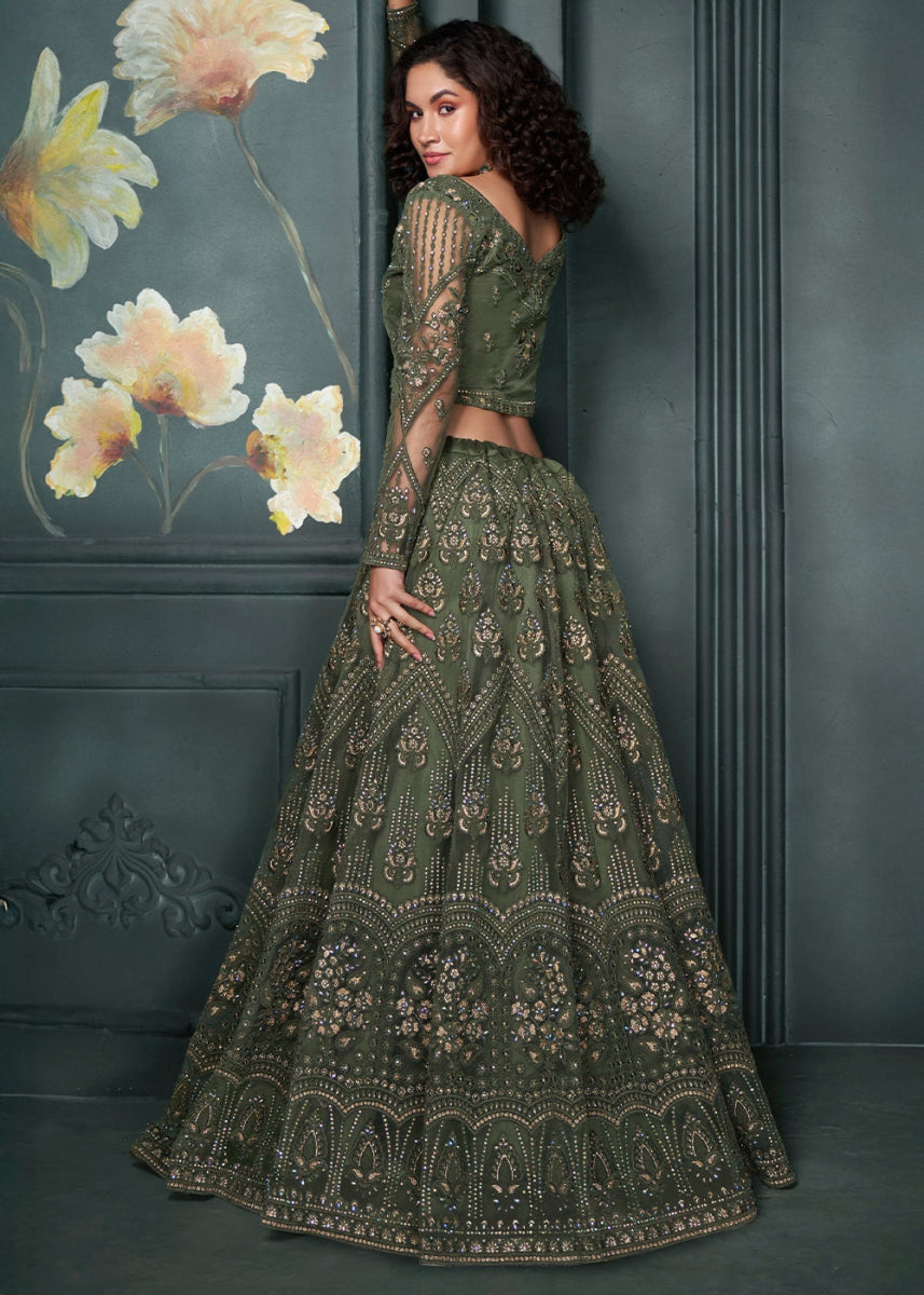 Juniper Green Lehenga Choli in Net with Detailed Thread and Stone Embroidery - House of Sarvati LLC