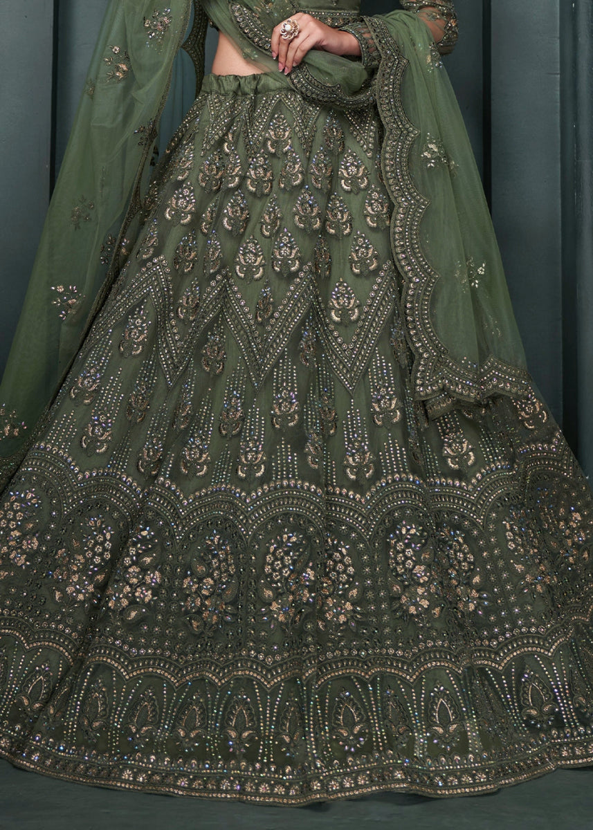 Juniper Green Lehenga Choli in Net with Detailed Thread and Stone Embroidery - House of Sarvati LLC