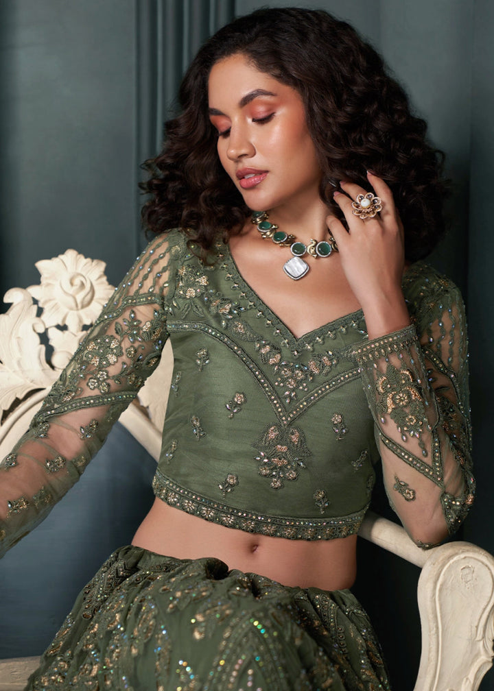 Juniper Green Lehenga Choli in Net with Detailed Thread and Stone Embroidery - House of Sarvati LLC