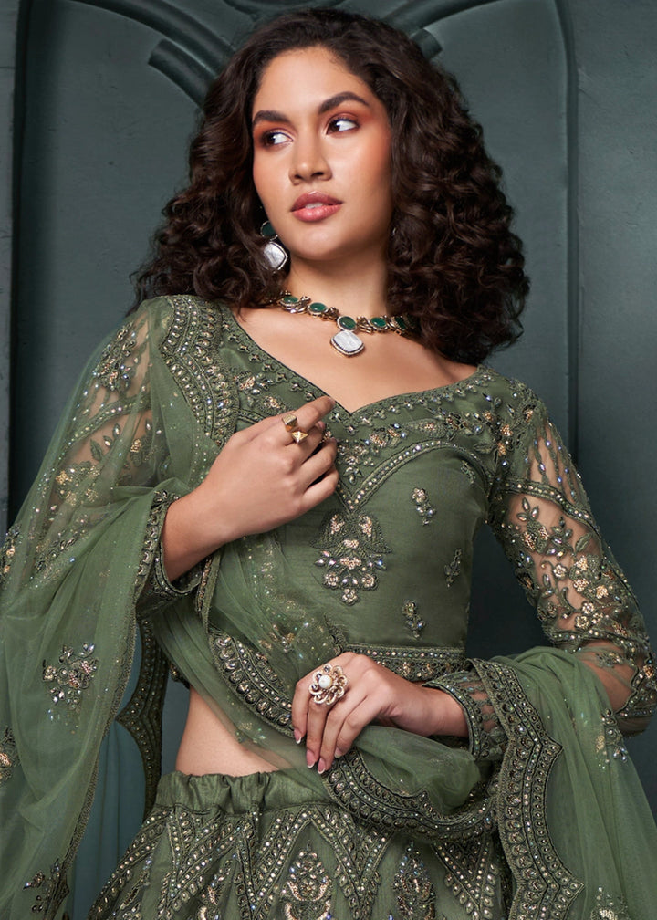 Juniper Green Lehenga Choli in Net with Detailed Thread and Stone Embroidery - House of Sarvati LLC