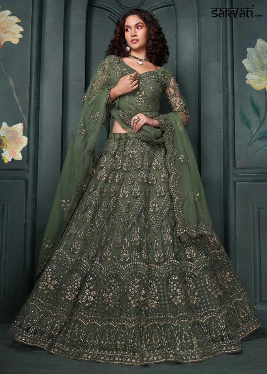 Juniper Green Lehenga Choli in Net with Detailed Thread and Stone Embroidery - House of Sarvati LLC