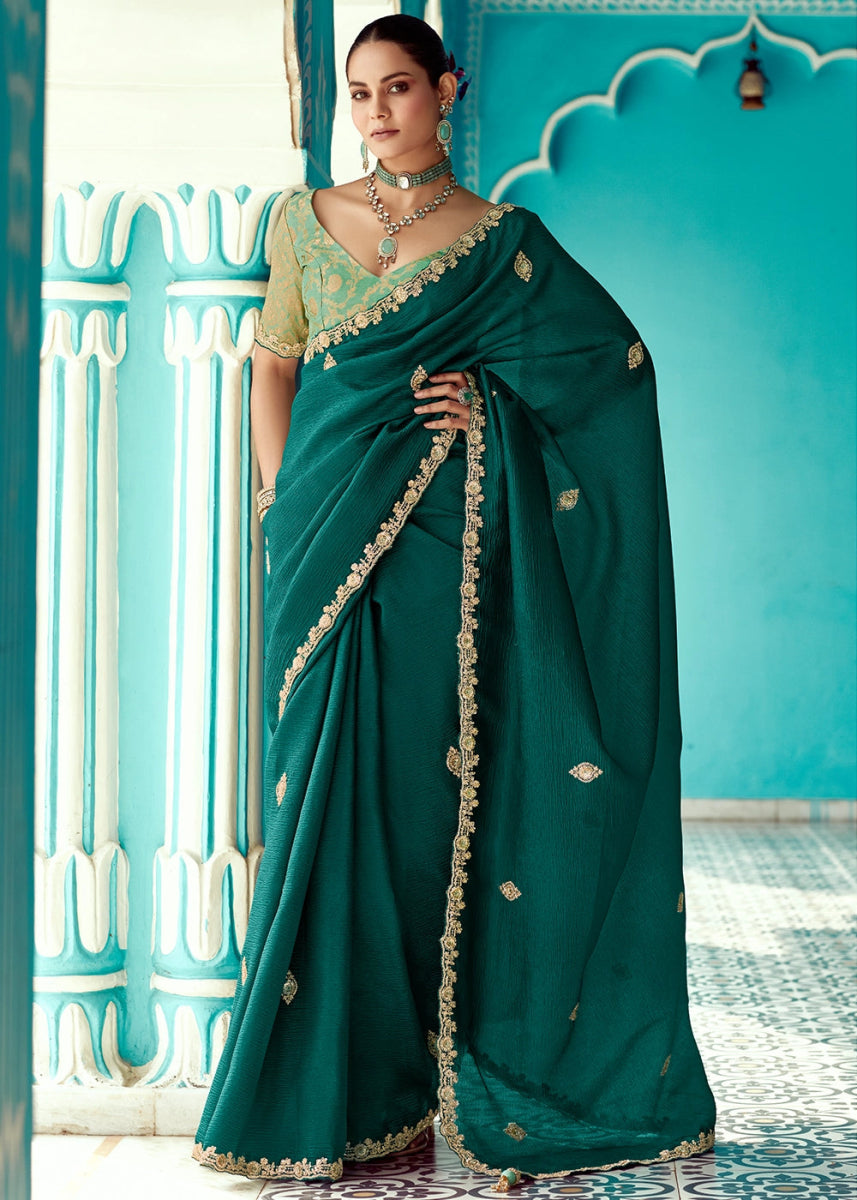 Kaitoke Green Tissue Silk Saree with Exquisite Embroidery - House of Sarvati LLC