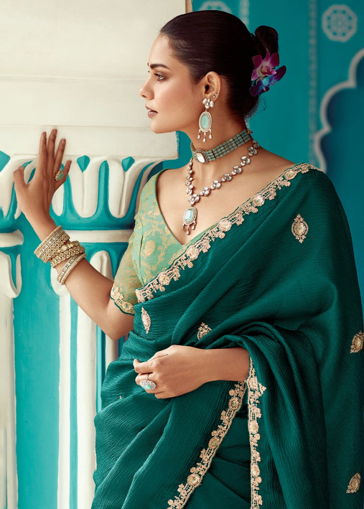 Kaitoke Green Tissue Silk Saree with Exquisite Embroidery - House of Sarvati LLC