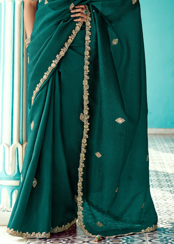 Kaitoke Green Tissue Silk Saree with Exquisite Embroidery - House of Sarvati LLC