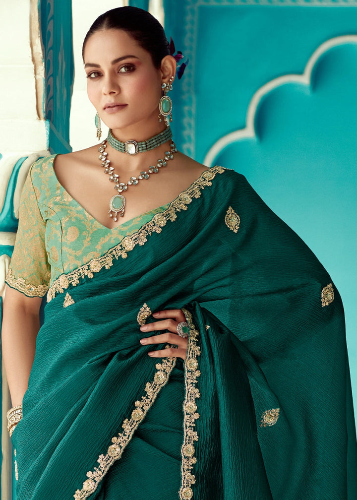 Kaitoke Green Tissue Silk Saree with Exquisite Embroidery - House of Sarvati LLC
