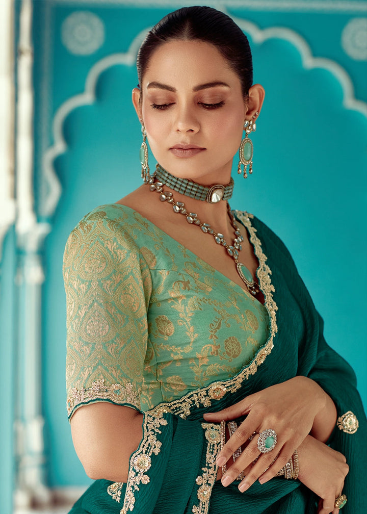 Kaitoke Green Tissue Silk Saree with Exquisite Embroidery - House of Sarvati LLC