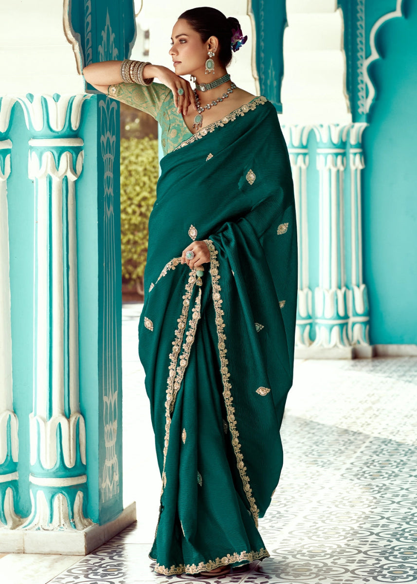 Kaitoke Green Tissue Silk Saree with Exquisite Embroidery - House of Sarvati LLC