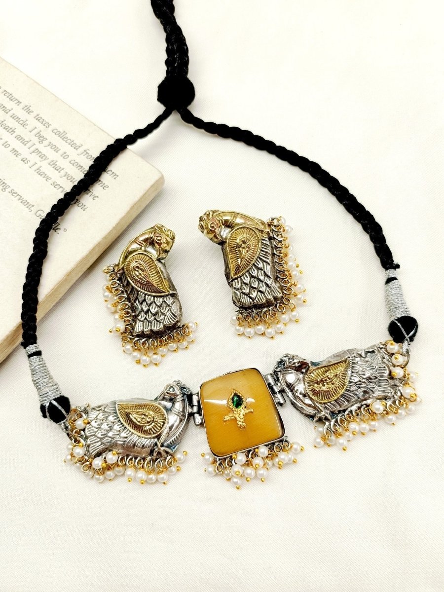 Kamini Yellow Peacock Oxidized Choker Set - House of Sarvati LLC