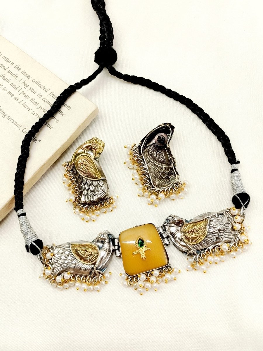 Kamini Yellow Peacock Oxidized Choker Set - House of Sarvati LLC