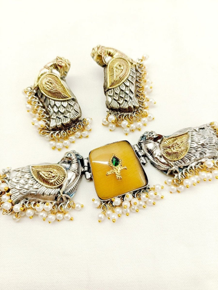 Kamini Yellow Peacock Oxidized Choker Set - House of Sarvati LLC