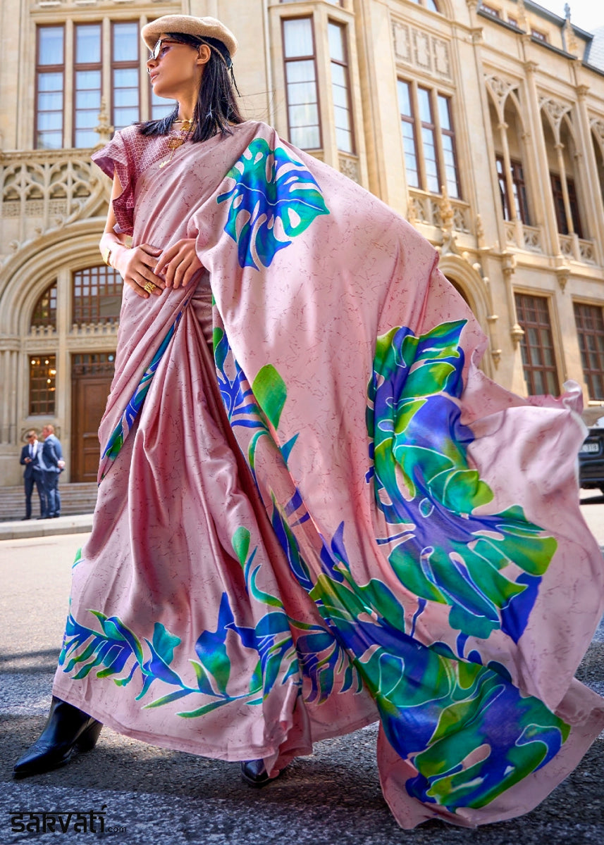 Lace Pink Lightweight Printed Saree in Satin Crepe - House of Sarvati LLC