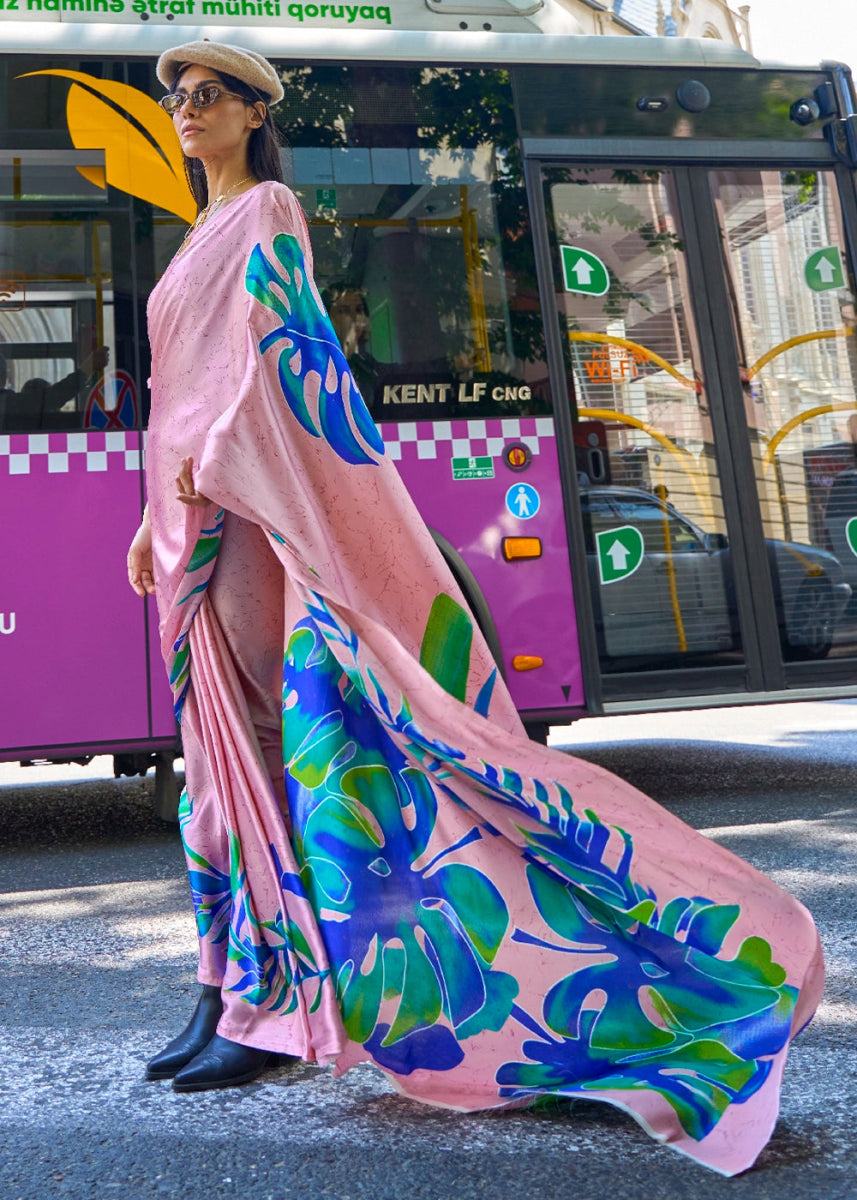 Lace Pink Lightweight Printed Saree in Satin Crepe - House of Sarvati LLC
