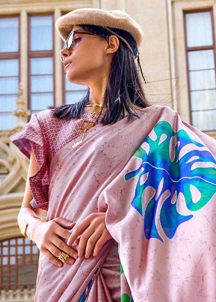 Lace Pink Lightweight Printed Saree in Satin Crepe - House of Sarvati LLC