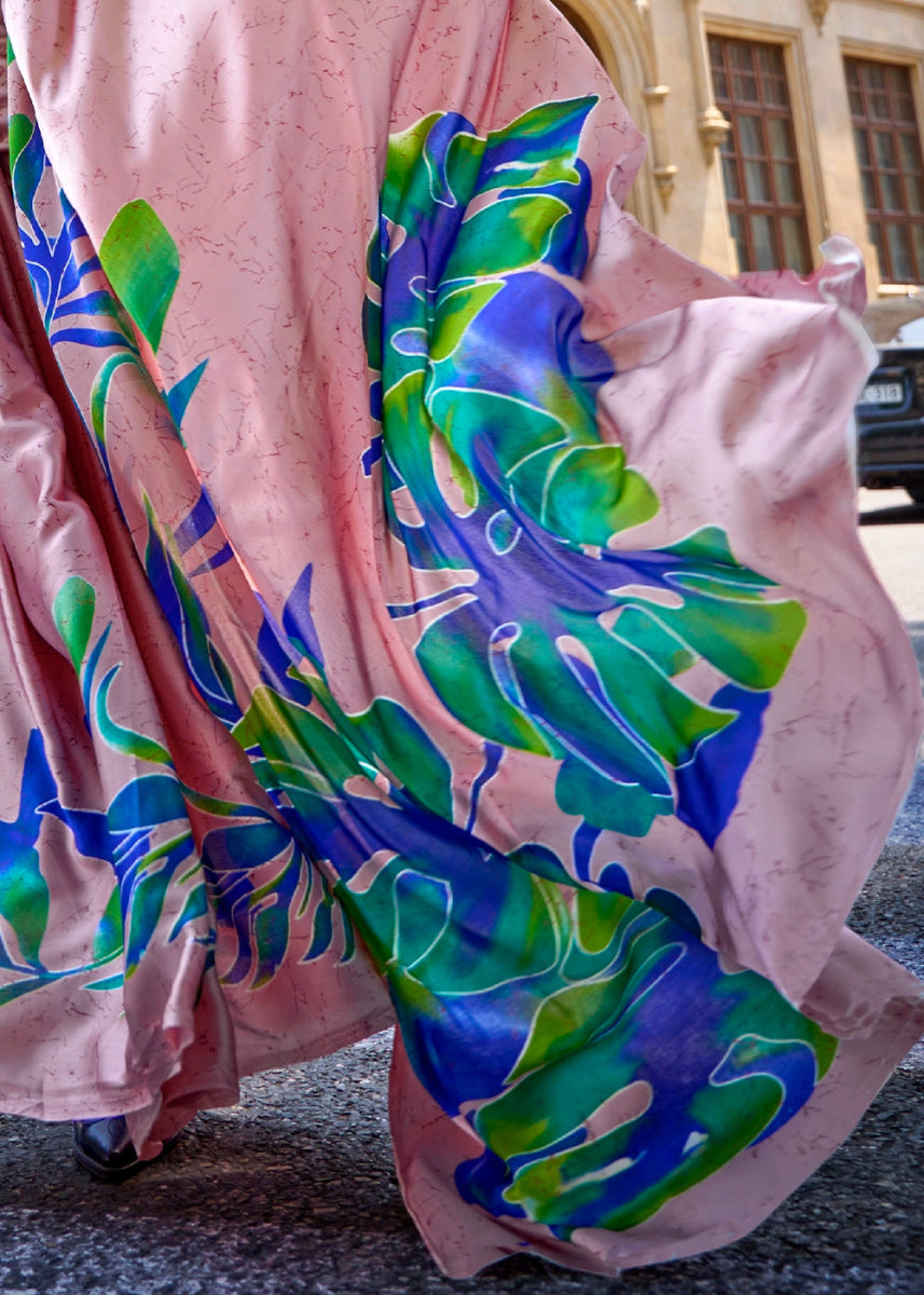 Lace Pink Lightweight Printed Saree in Satin Crepe - House of Sarvati LLC