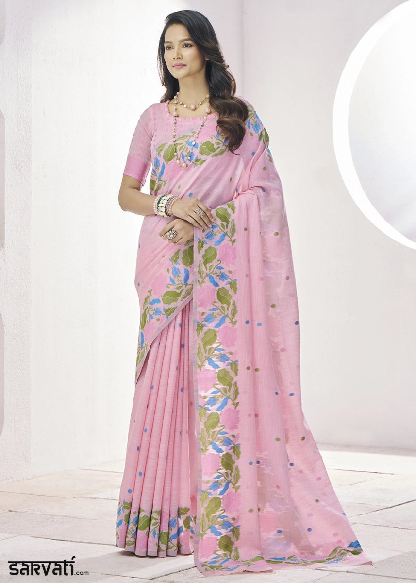 Lace Pink Linen Silk Saree with Delicate Floral Designs - House of Sarvati LLC