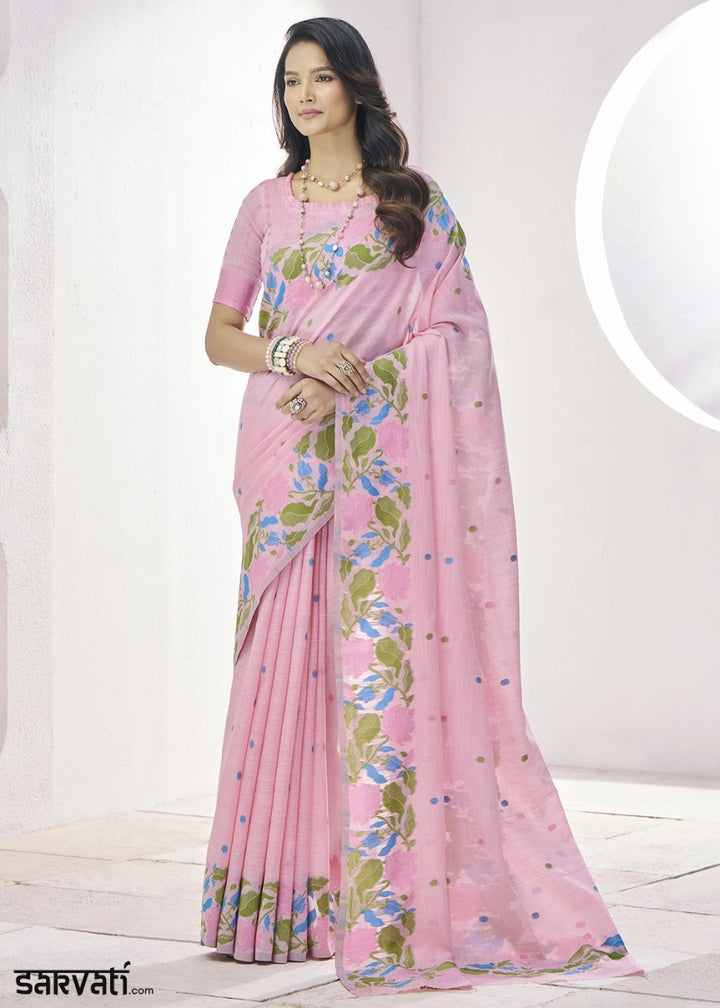 Lace Pink Linen Silk Saree with Delicate Floral Designs - House of Sarvati LLC