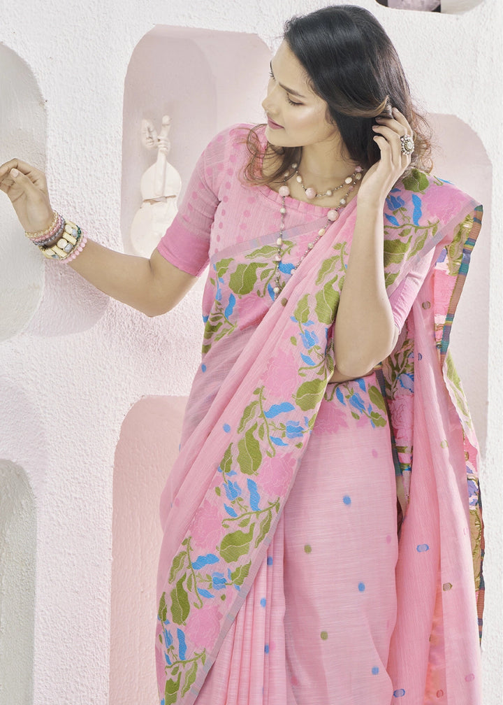 Lace Pink Linen Silk Saree with Delicate Floral Designs - House of Sarvati LLC