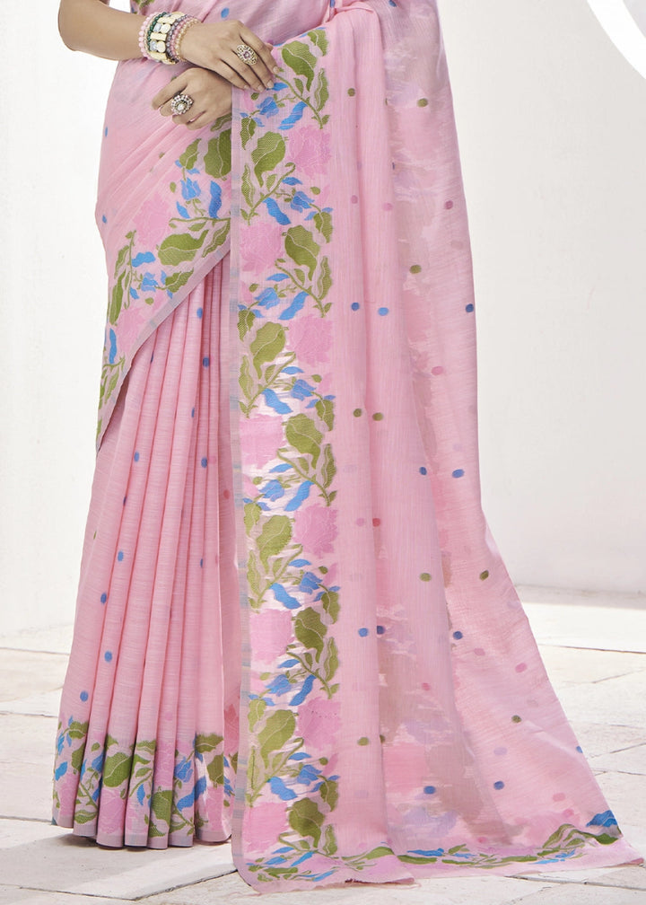 Lace Pink Linen Silk Saree with Delicate Floral Designs - House of Sarvati LLC
