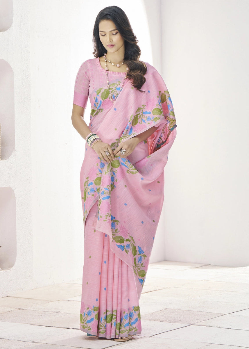 Lace Pink Linen Silk Saree with Delicate Floral Designs - House of Sarvati LLC